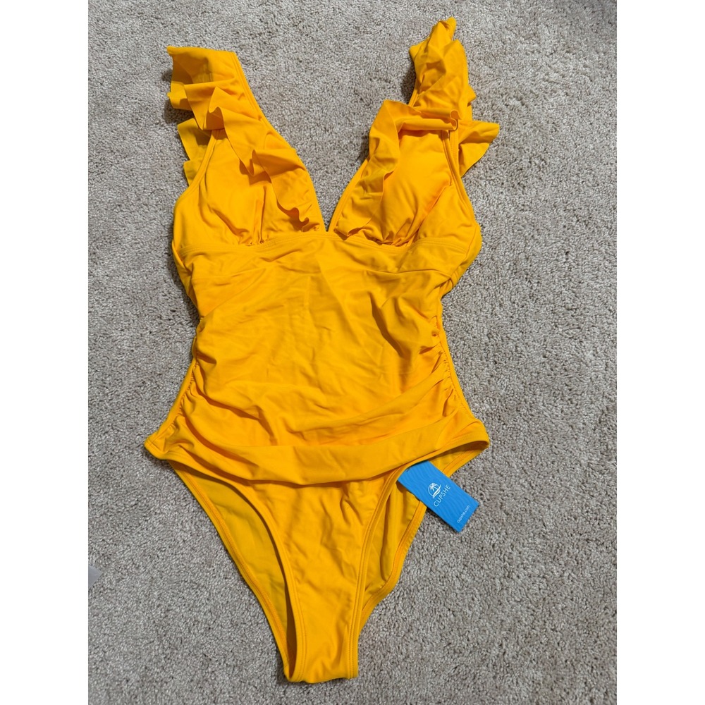Cupshe Yellow Ruffle V-Neck Ruched One Piece Swimsuit NWT Size Small SU2212016